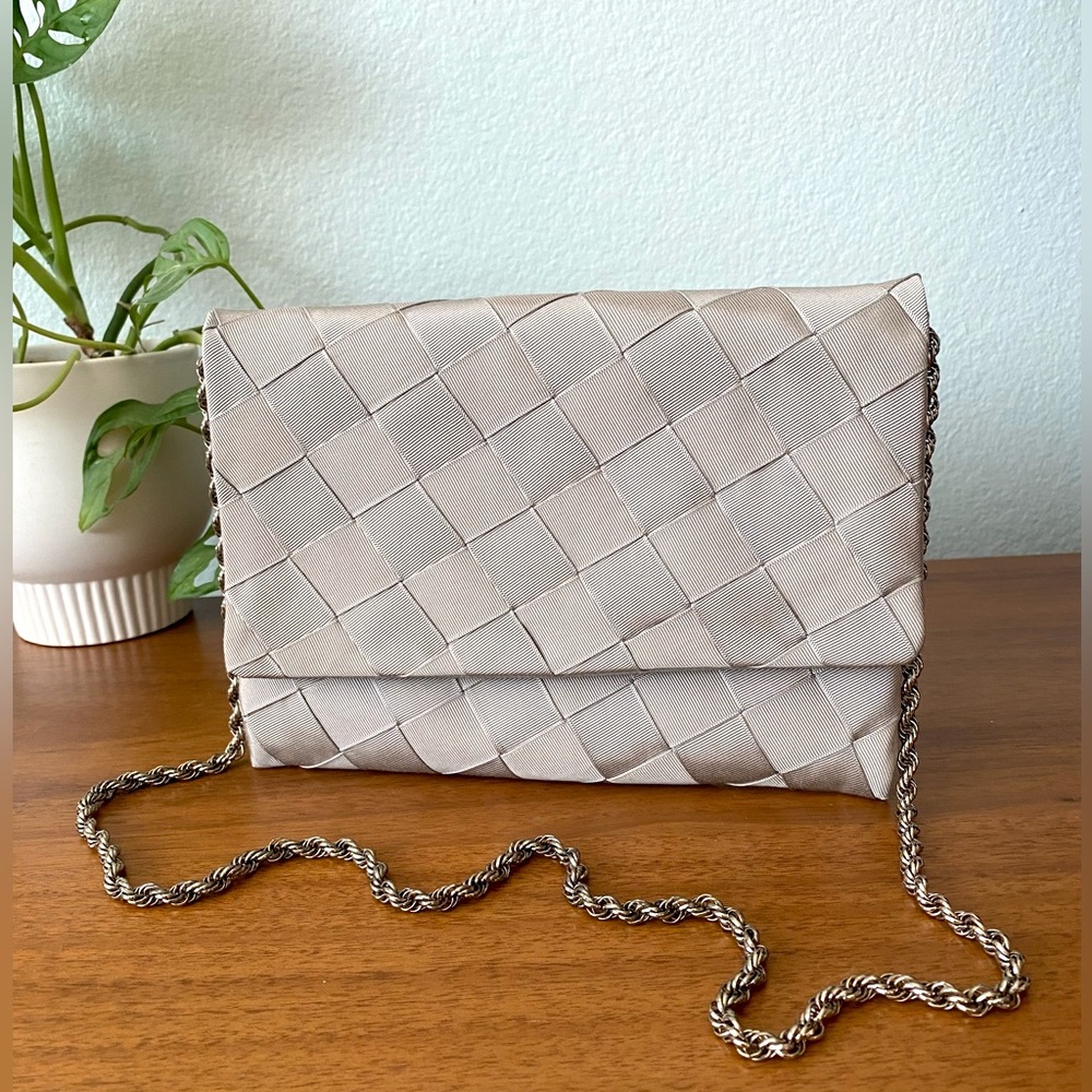 Vintage Gray Silver Seatbelt Bag Woven Ribbon Shoulder Bag Clutch Silver Chain
